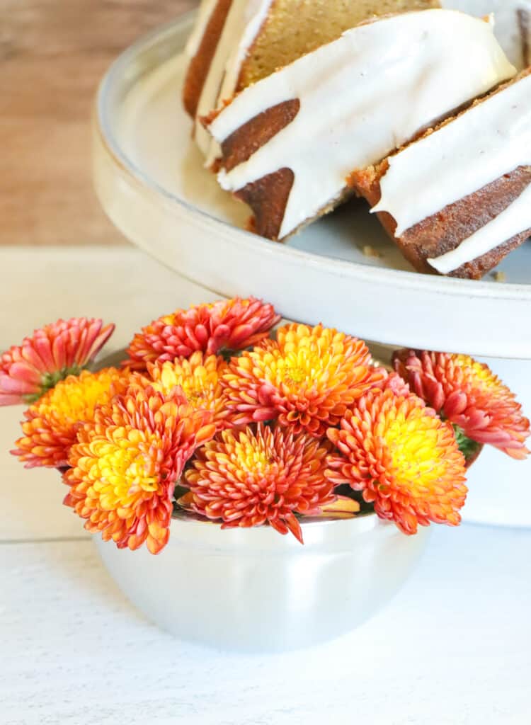 Picture of sweet potato pound cake slices and mum flowers
