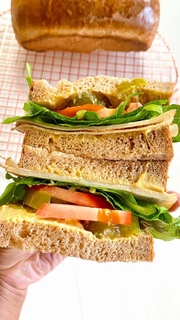 Maple Whole Wheat Sandwich Bread in a sandwich.