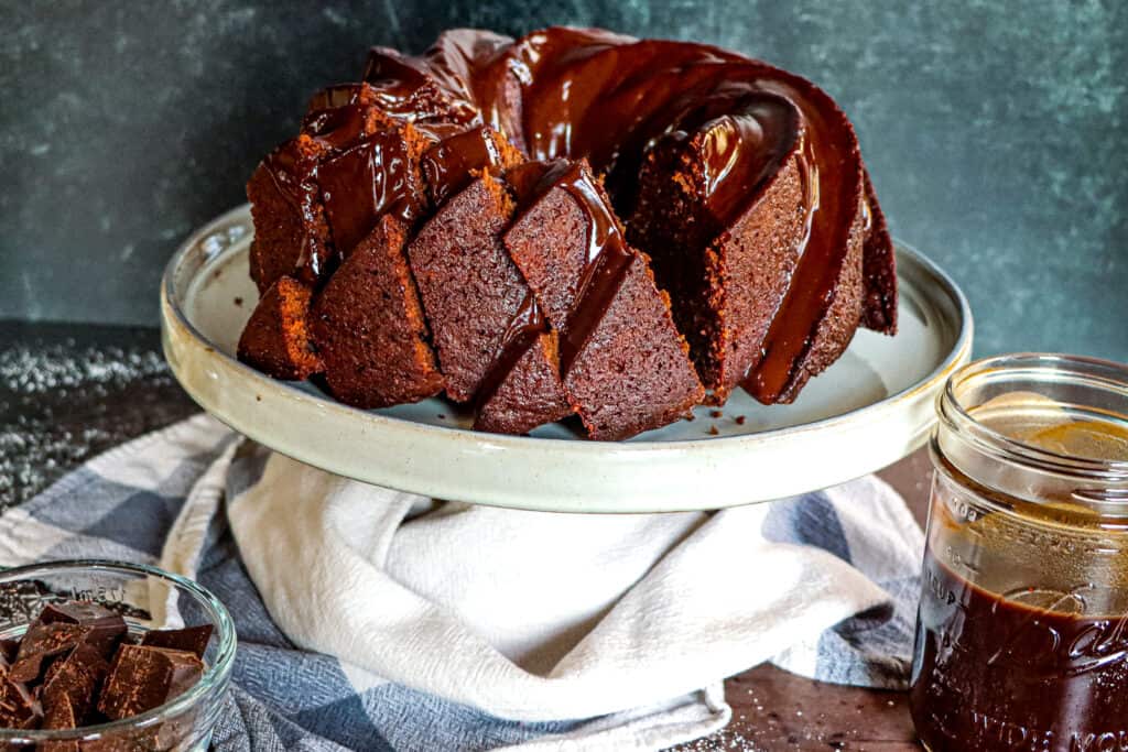 This is a photo of a Coca-Cola Chocolate Pound Cake, sliced.