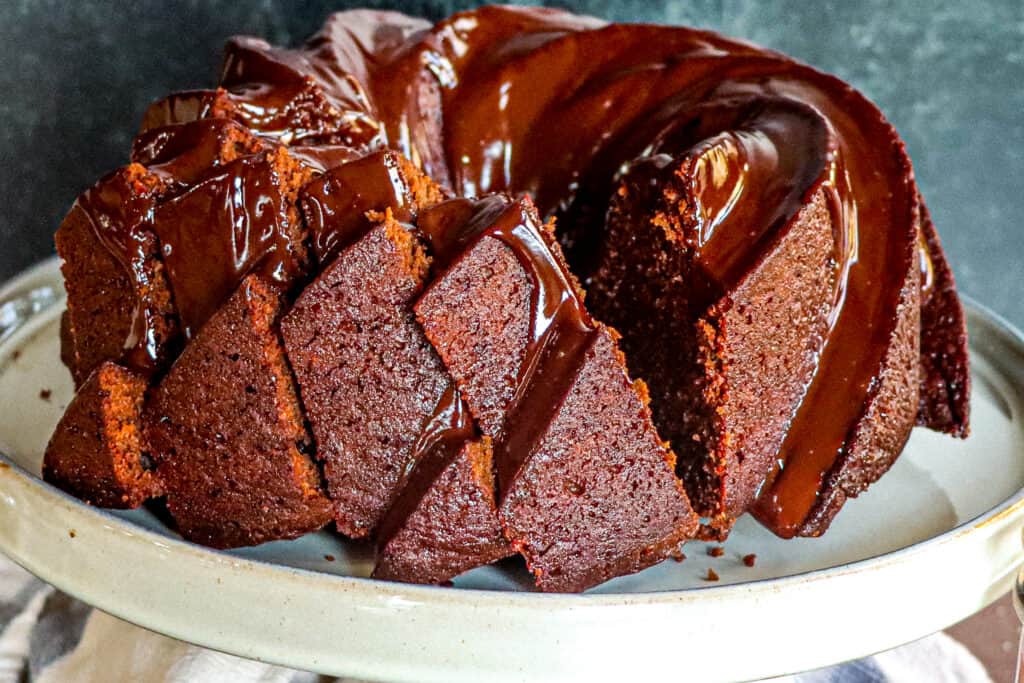 This is a photo of a Coca-Cola Chocolate Pound Cake, sliced.