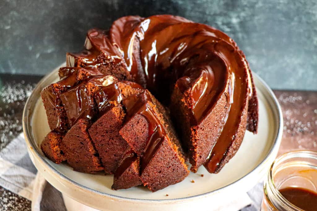 This is a photo of a Coca-Cola Chocolate Pound Cake, sliced.