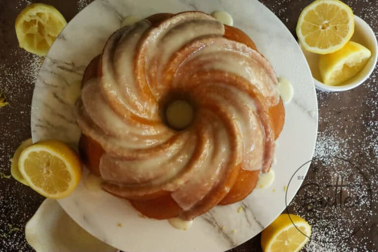This is an overhead photo of a lemon pound cake.