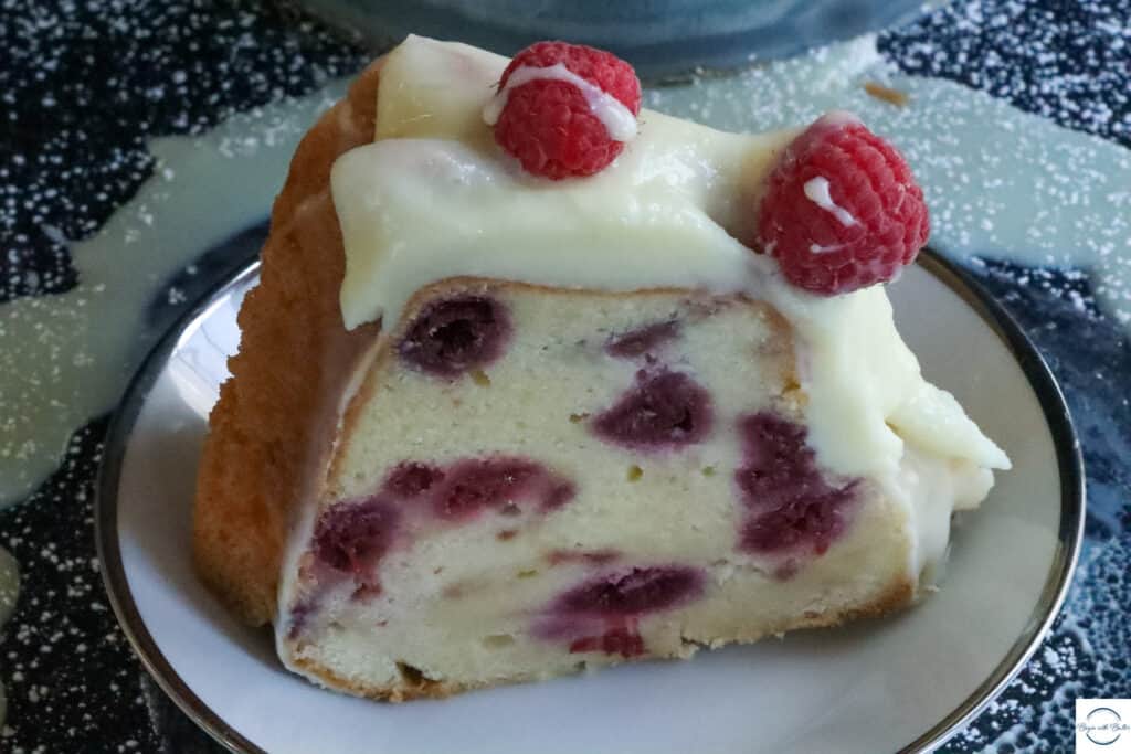 This is a photo of raspberry white chocolate pound cake.