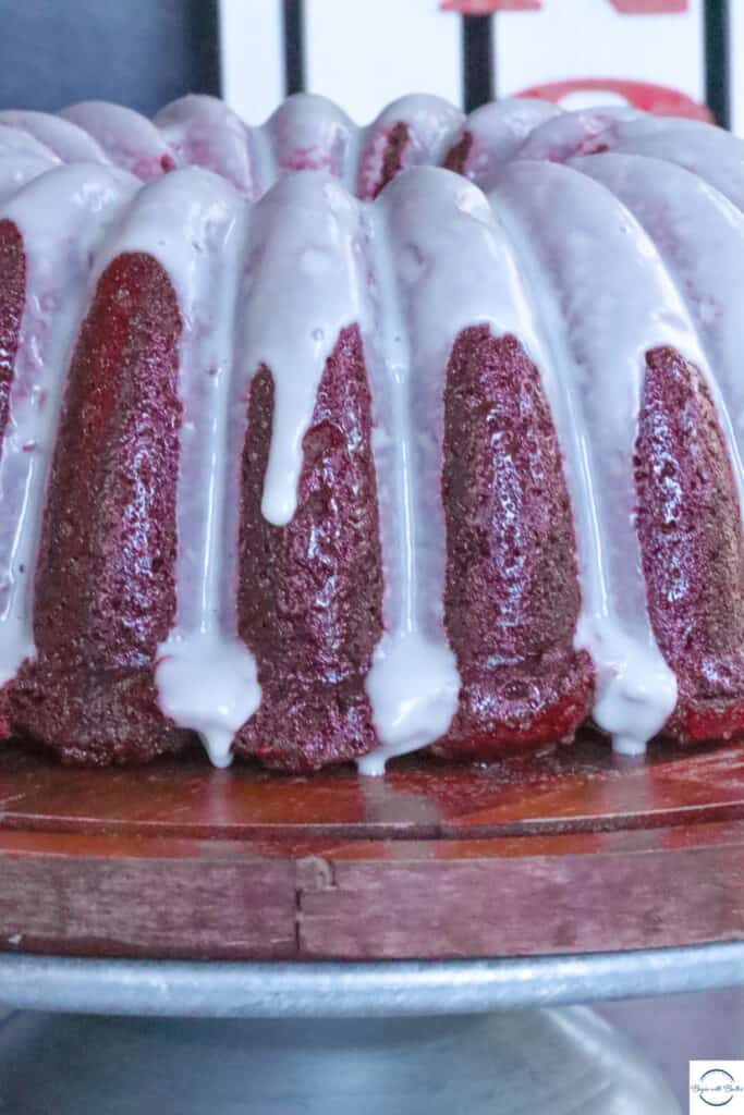 This is a photo of a vegan red velvet pound cake.