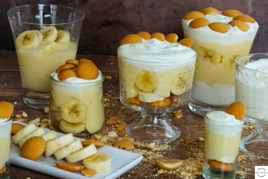 This is a photo of several servings of banana pudding