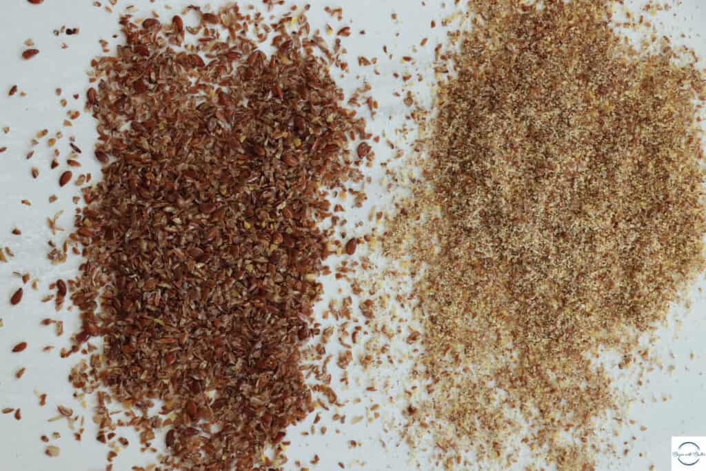 this is a side-by-side photo of whole flax seeds and milled flax seeds
