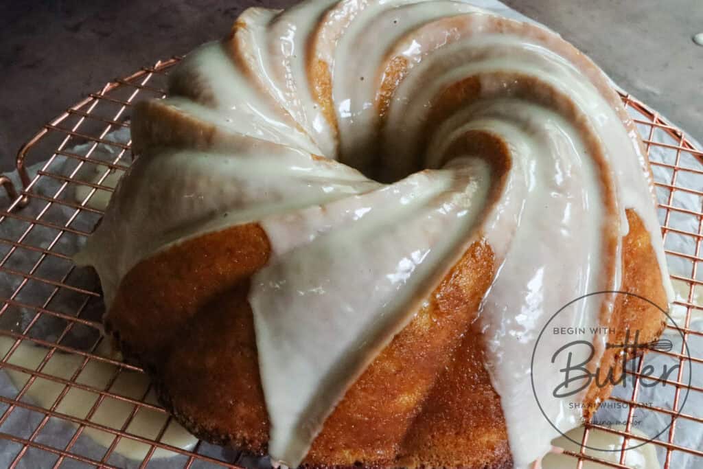 This is a picture of a Tropical Cake with Mango Ginger Glaze.