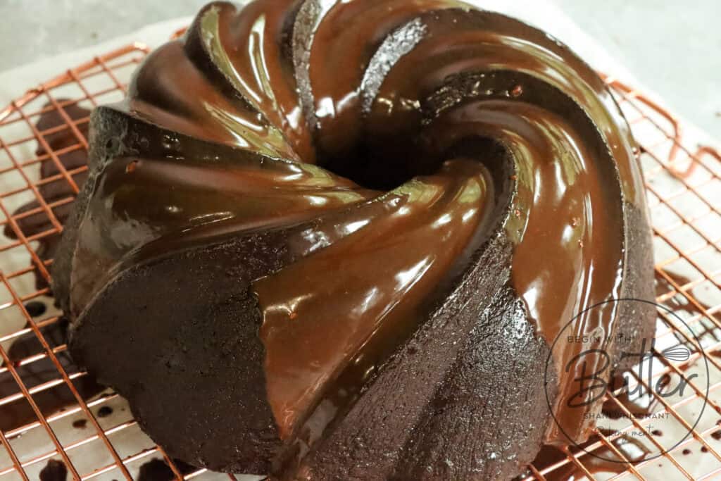This is a picture of an Ultimate Chocolate Pound Cake with chocolate ganache.