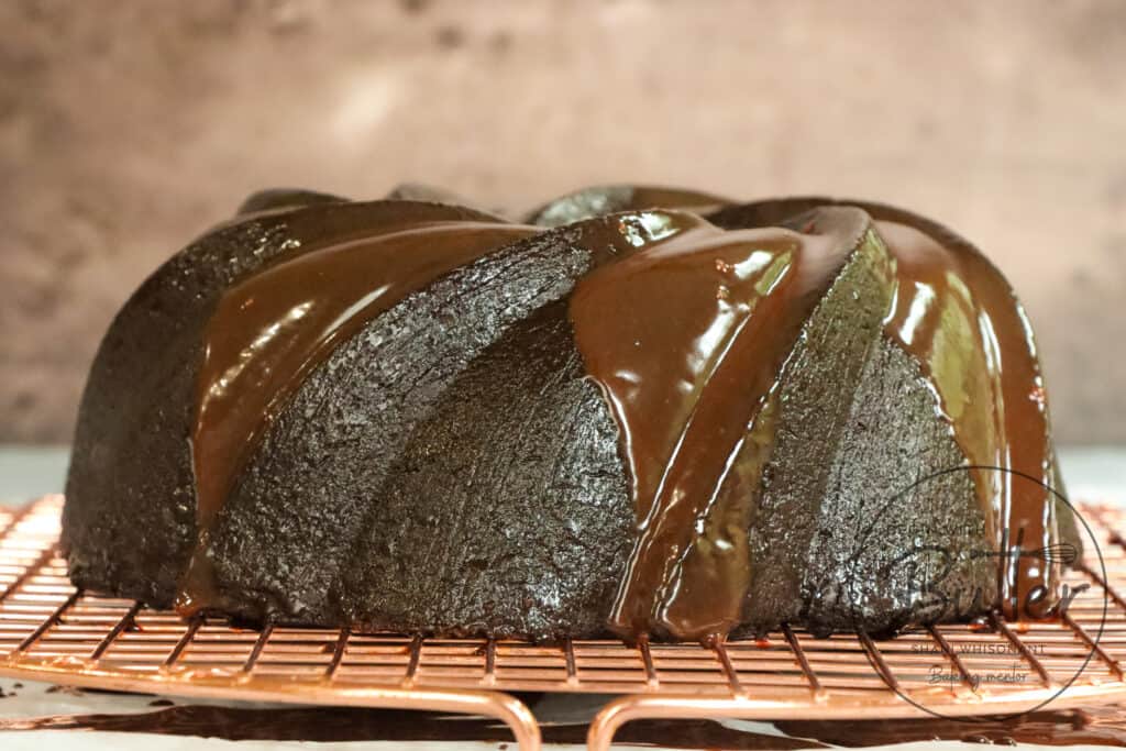 This is a photo of an Ultimate Chocolate Pound Cake with Chocolate ganache.