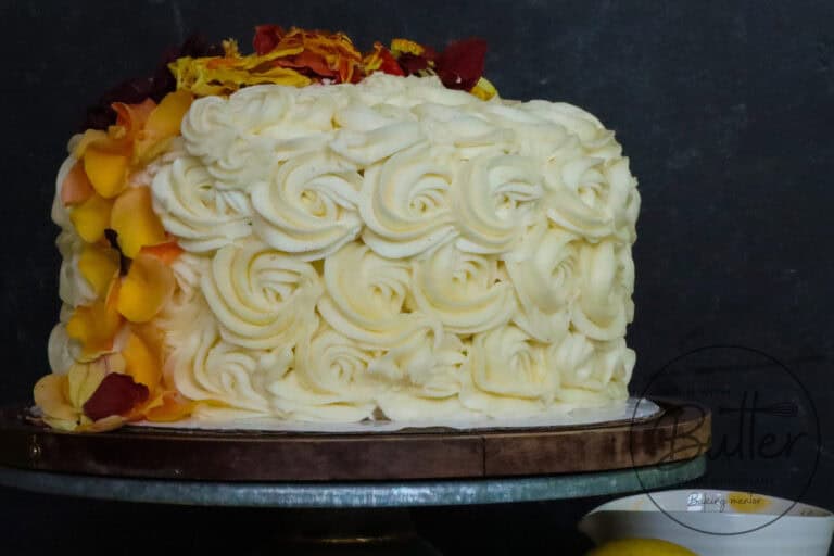 This is a photo of a Lemon Layer Cake with Lemon Vanilla Cream Cheese Frosting.