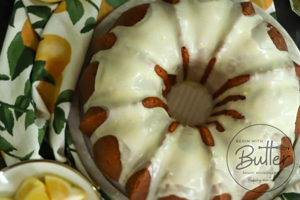 this is an overhead photo of a lemon pound cake