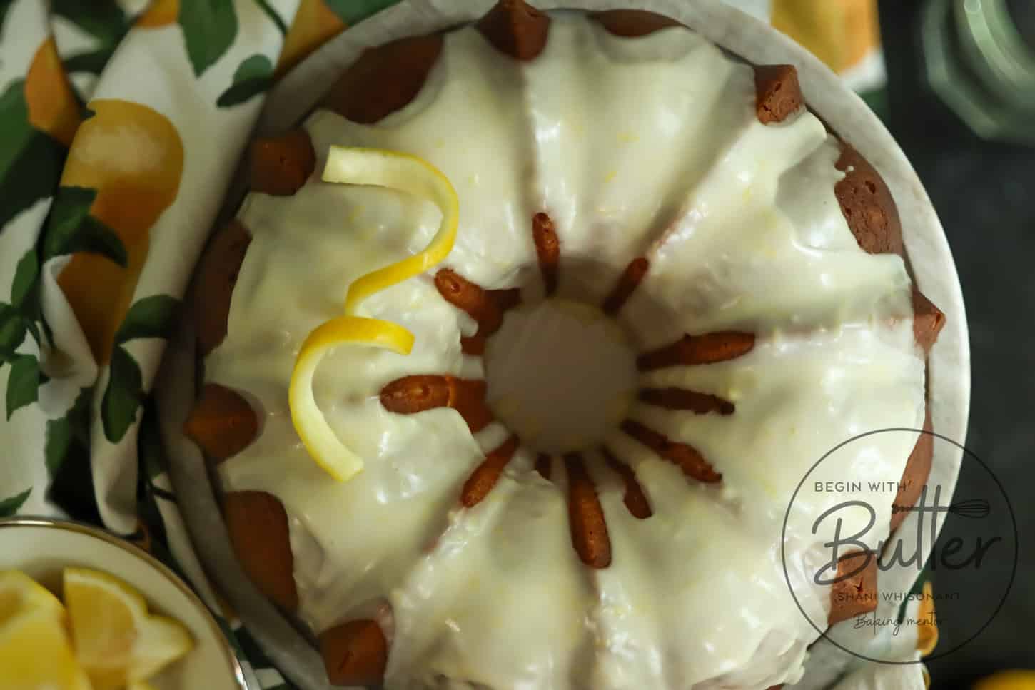 this is an overhead photo of a lemon pound cake