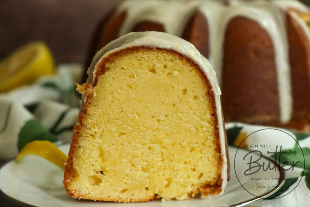 This is a photo of a slice of classic lemon pound cake