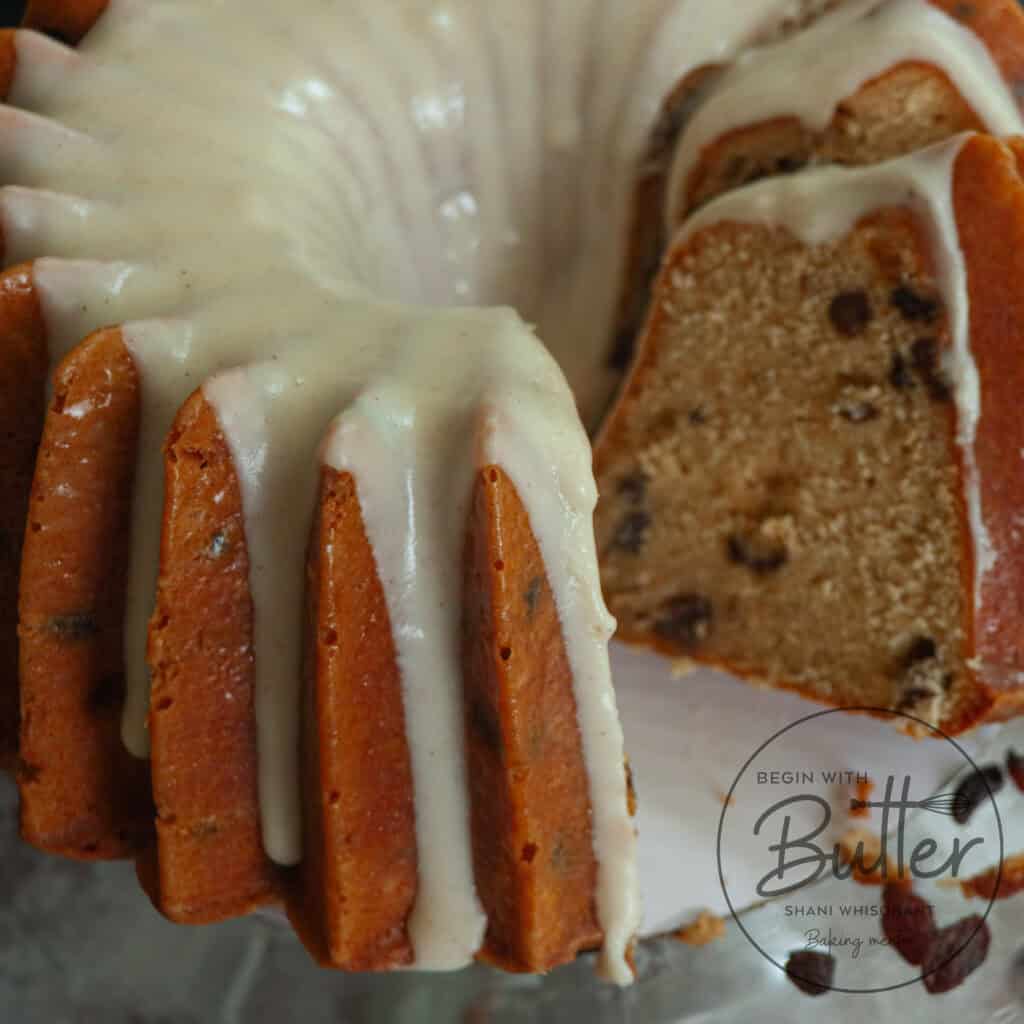 This is a photo of a Brown Butter Rum Raisin Pound Cake.